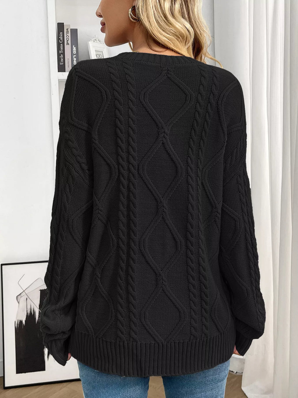 Lavender Cable Knit Round Neck Long Sleeve Sweater - Image 10
