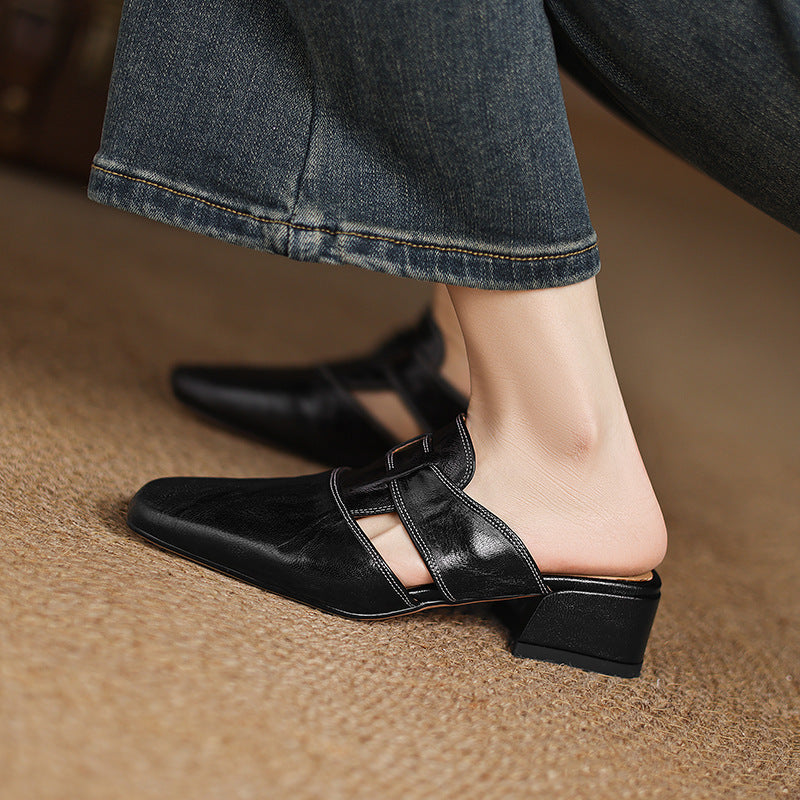 Women Retro Closed Toe Half Slippers Low Heel Summer Sandals - Image 3