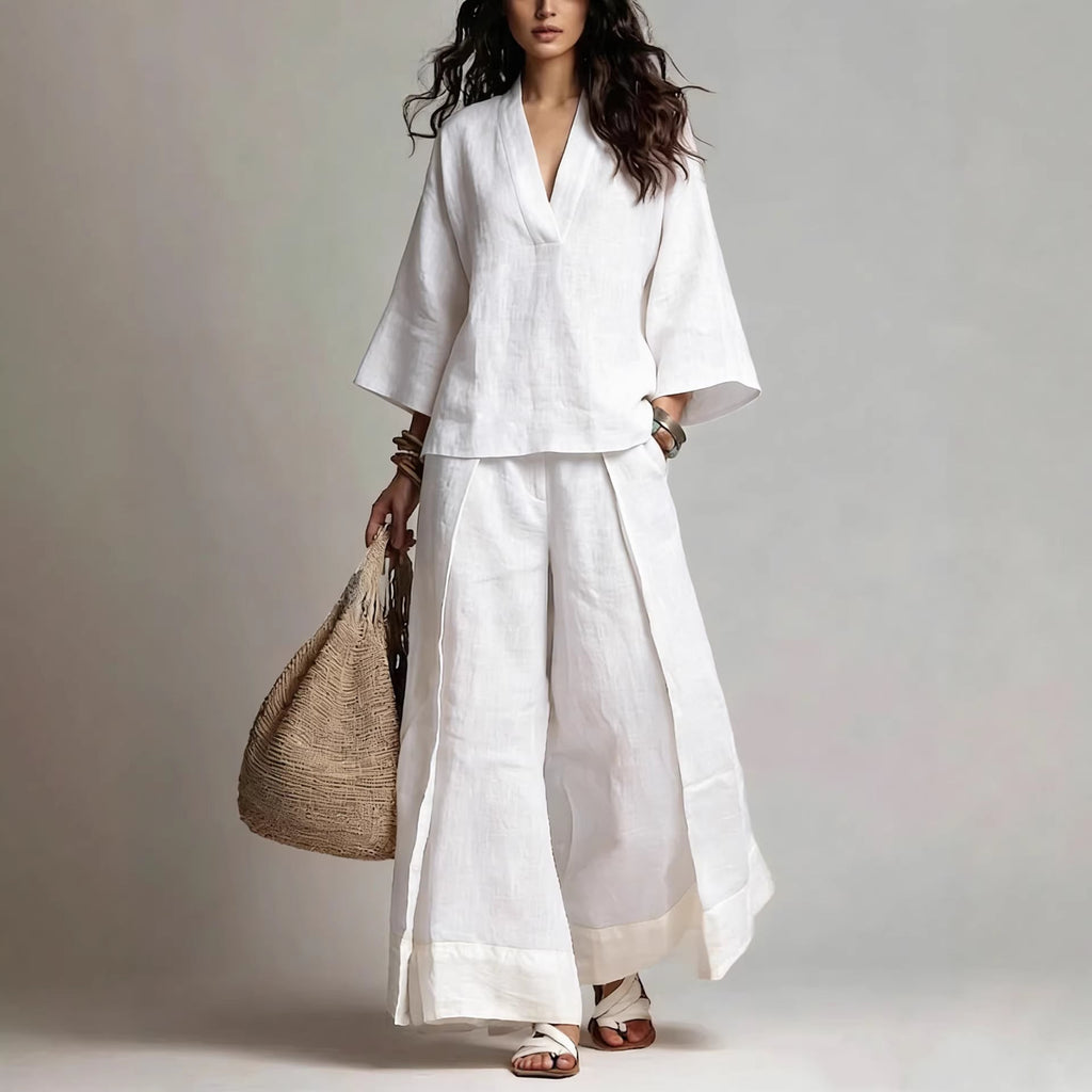 Cotton-Linen V-Neck Two-Piece Set: Wide-Leg Pants & 3/4 Sleeve Top