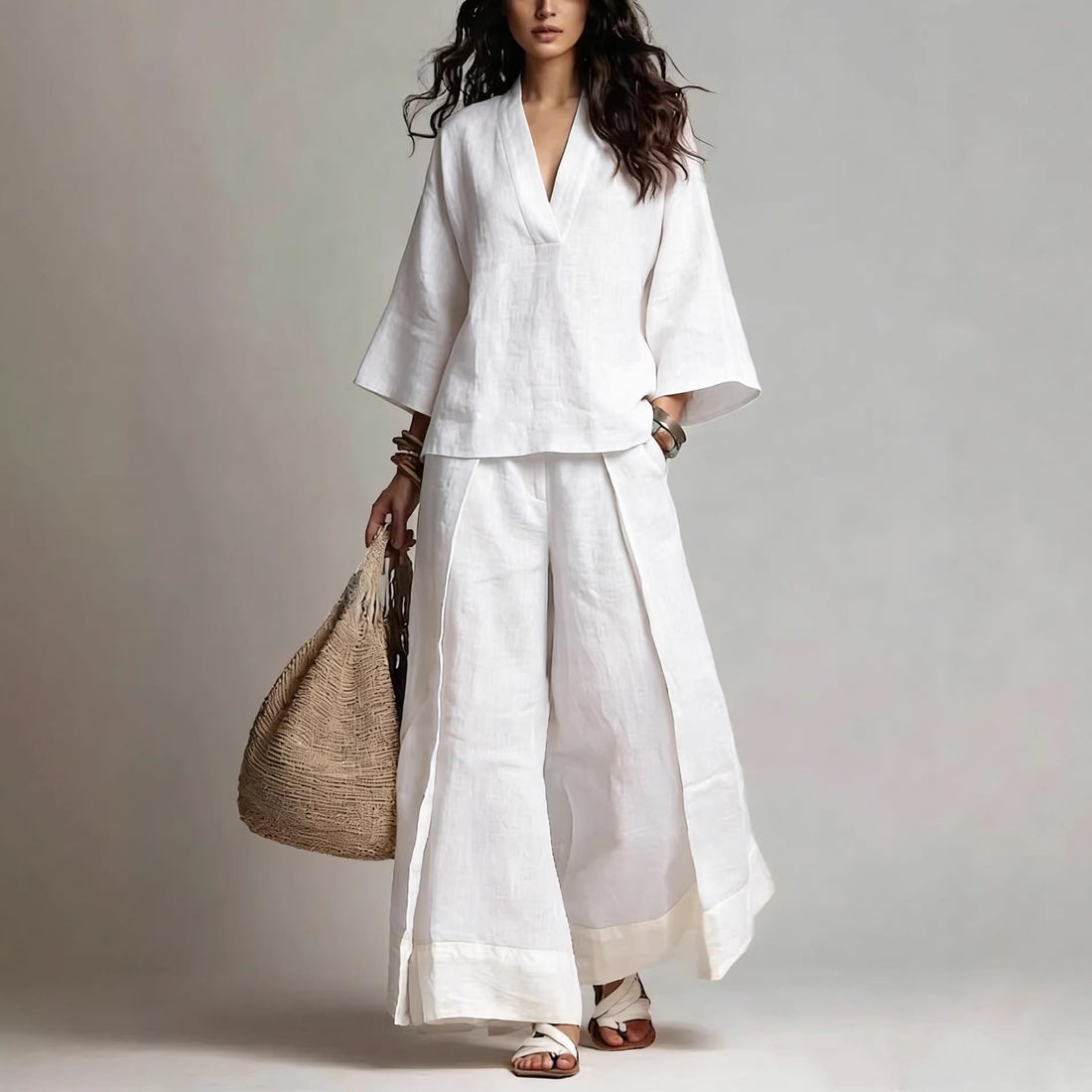 Cotton-Linen V-Neck Two-Piece Set: Wide-Leg Pants & 3/4 Sleeve Top
