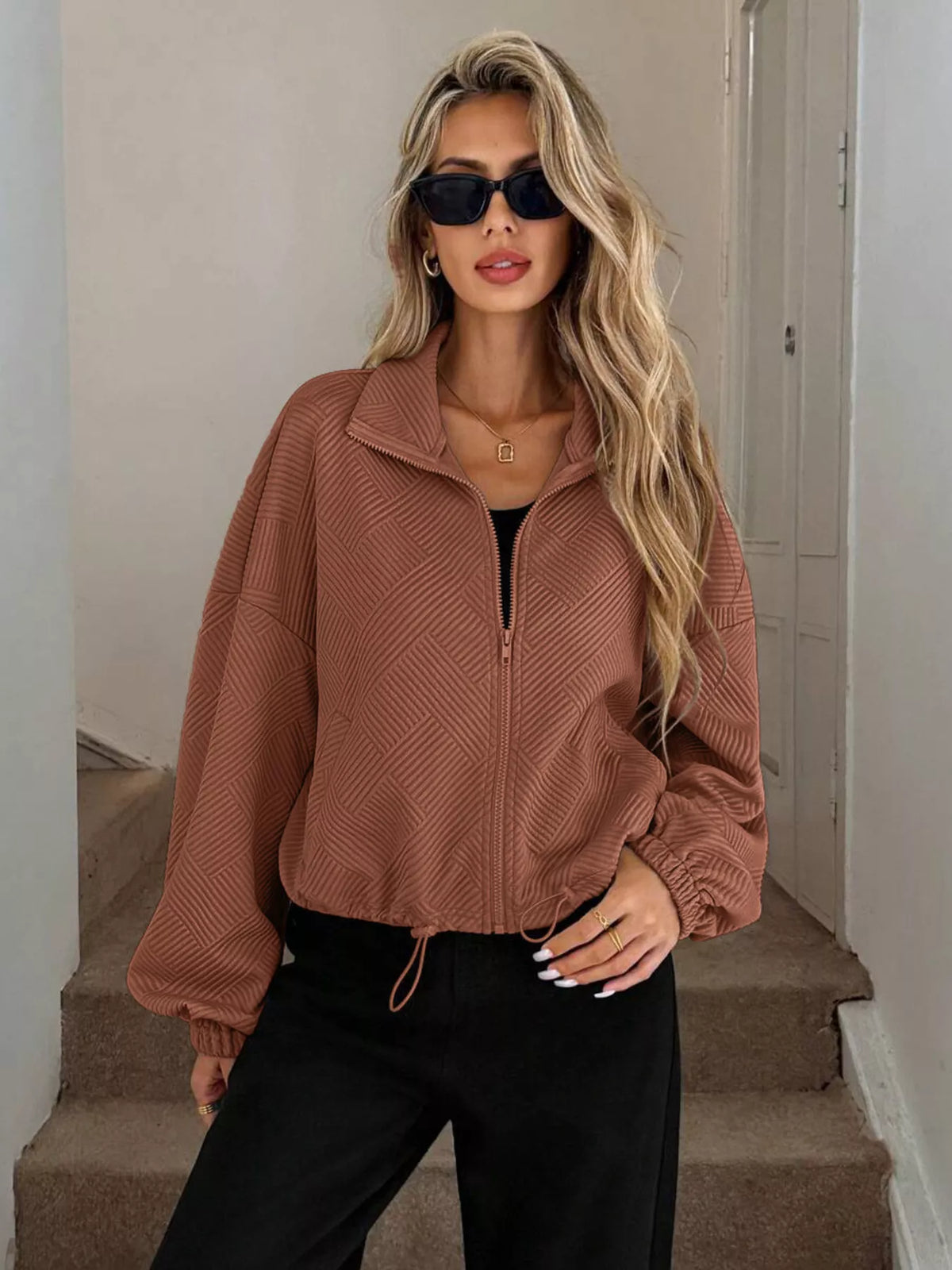 Drawstring Hem Textured Long Sleeve Jacket