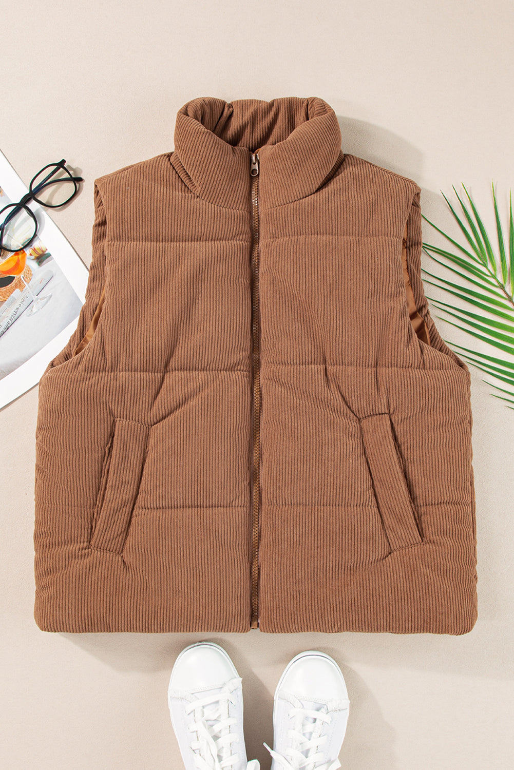 Women's Corduroy Stand Neck Zipped Puffer Vest Cropped Outerwear