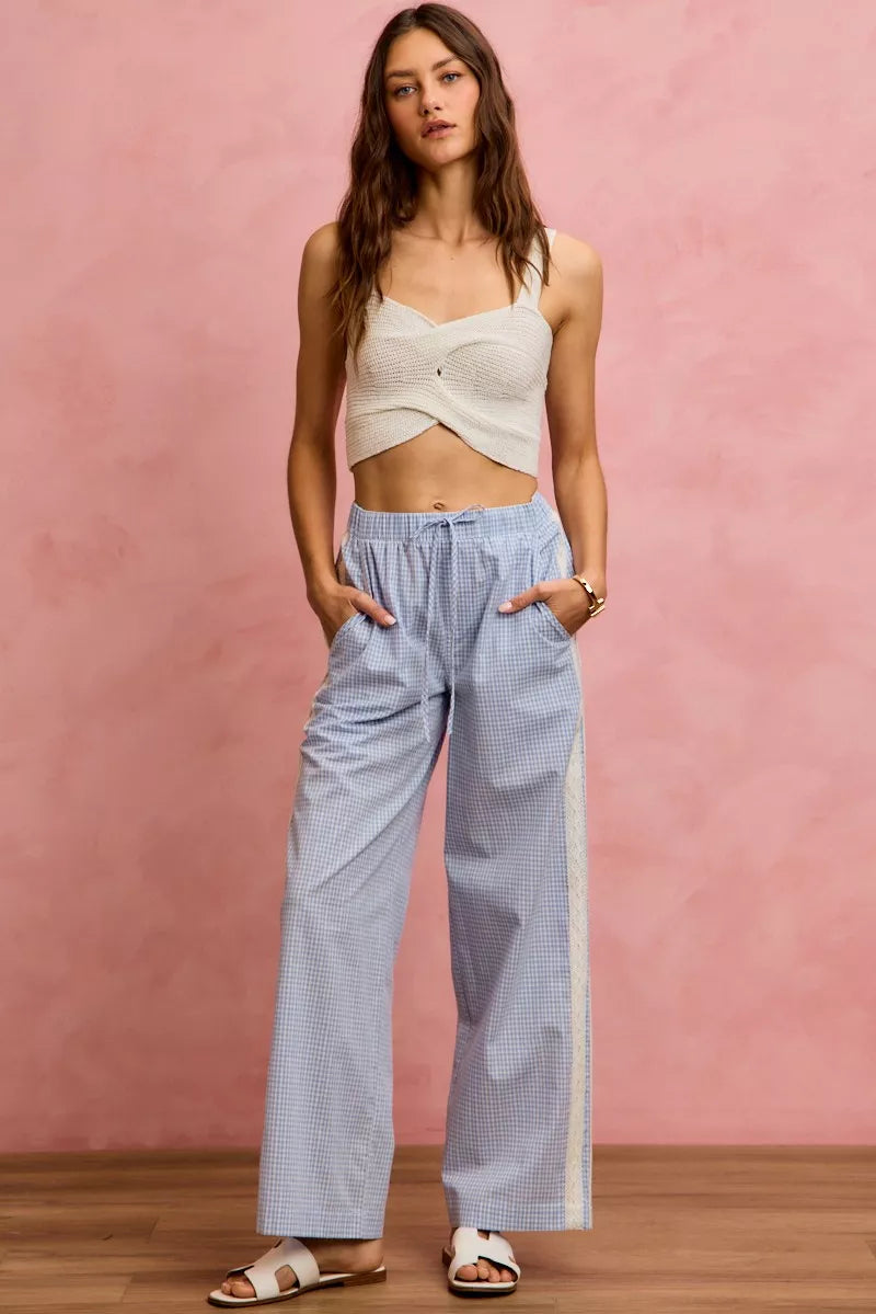 Women's Wide Leg Check Pants with Lace Trim in Light Blue White