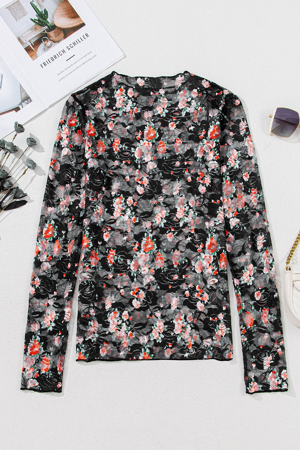 Floral Mesh Sheer Long Sleeve Top