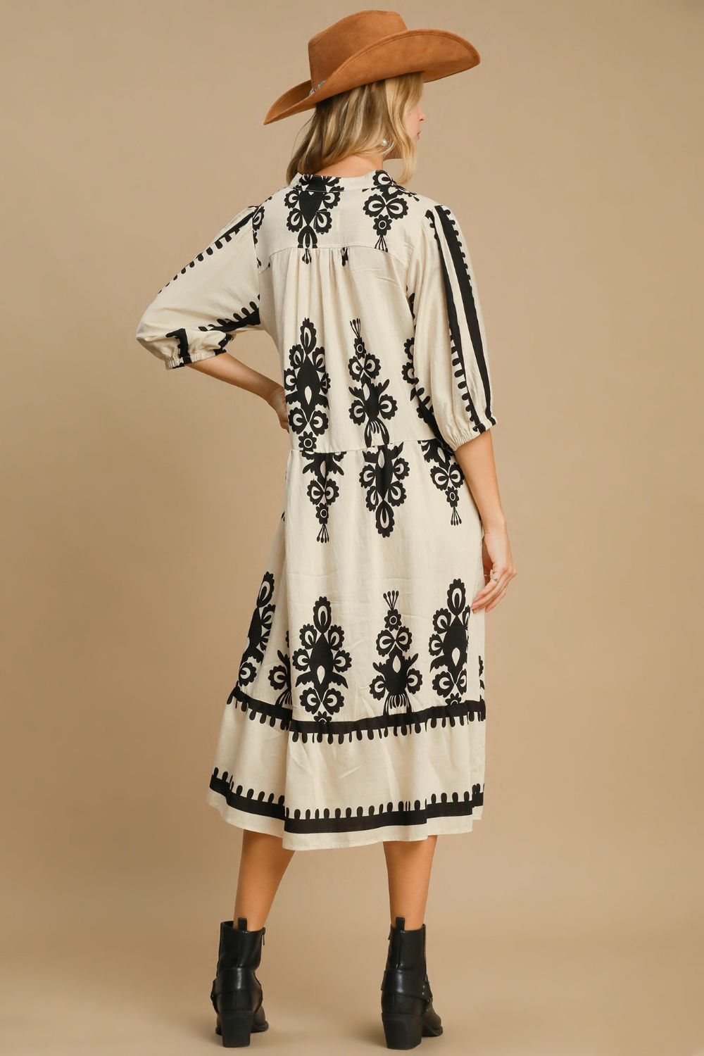 Vintage Cream Printed Midi Dress with Notched Neckline