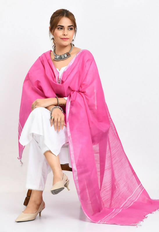 Dark Pink Linen Cotton Dupatta with Silver Border