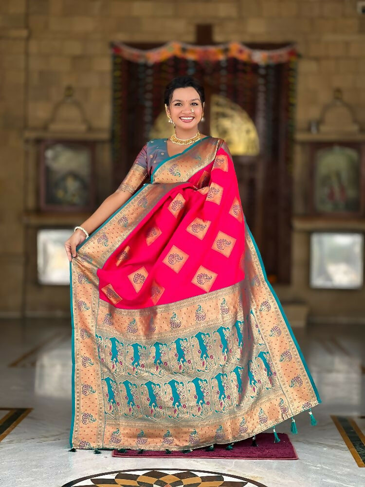 Rani Pink Soft Banarasi Silk Saree with Zari Meenakari Design