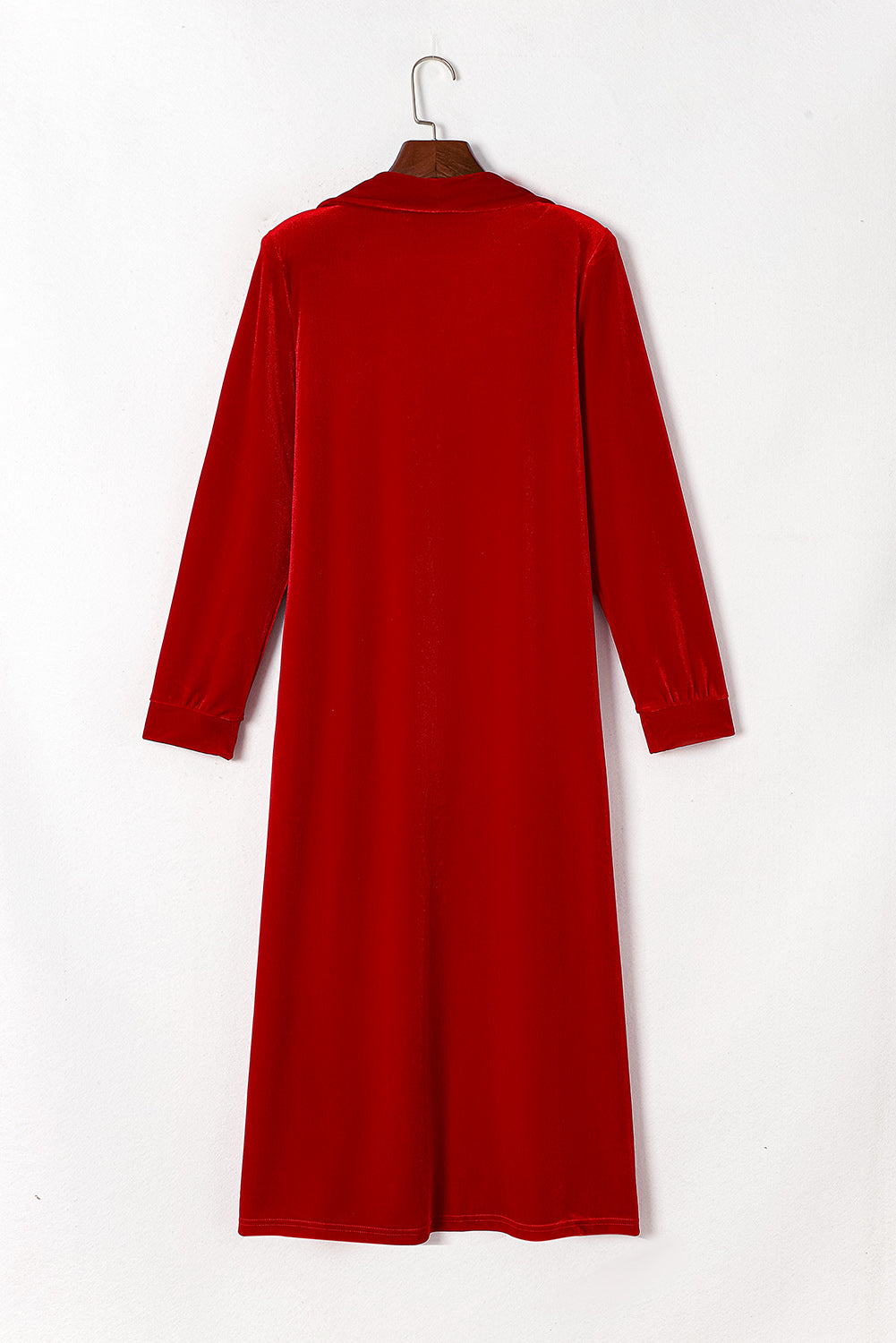 Red Velvet Open Front Long Cardigan with Pockets