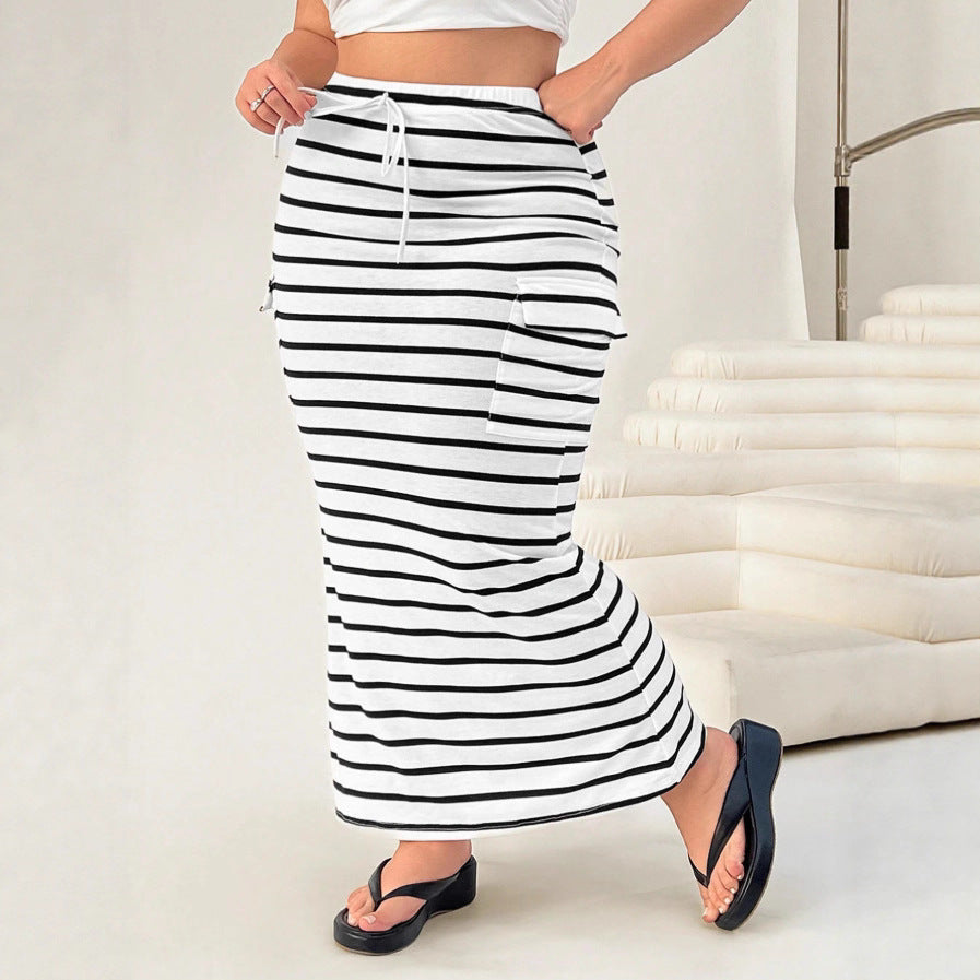 Striped Knitted Slim-Fit Hip Skirt - Mid-Length Casual Skirt