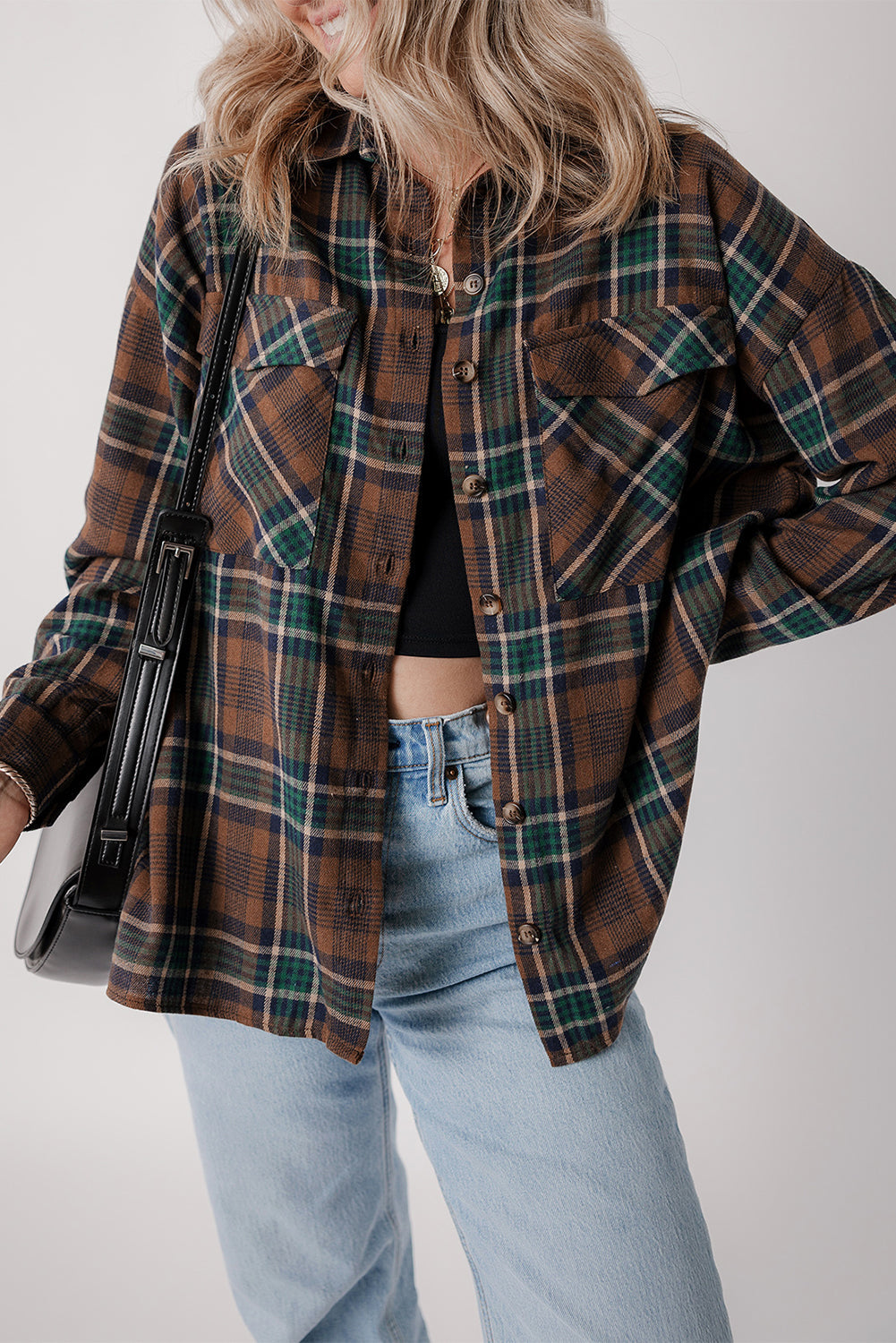 Women's Brown Plaid Button-Up Shacket with Chest Flap Pockets - Image 4