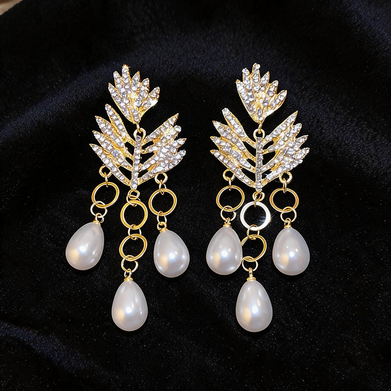 Womens Leaf Teardrop Rhinestone Inlaid Tassel Stud Earrings,Costume Earrings For Daily Party Wear
