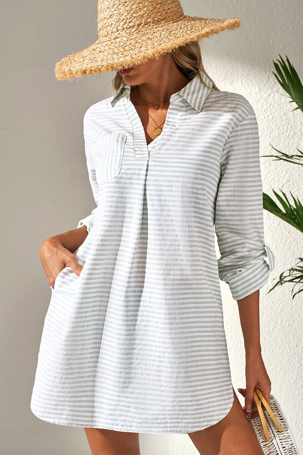 White Stripe Collared V-Neck Beach Cover Up with Chest Pocket