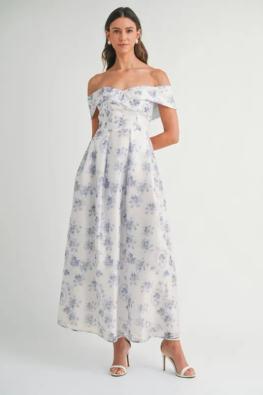 Vibrant floral print off-shoulder maxi dress, perfect for summer vacations