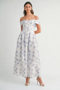 Vibrant floral print off-shoulder maxi dress, perfect for summer vacations