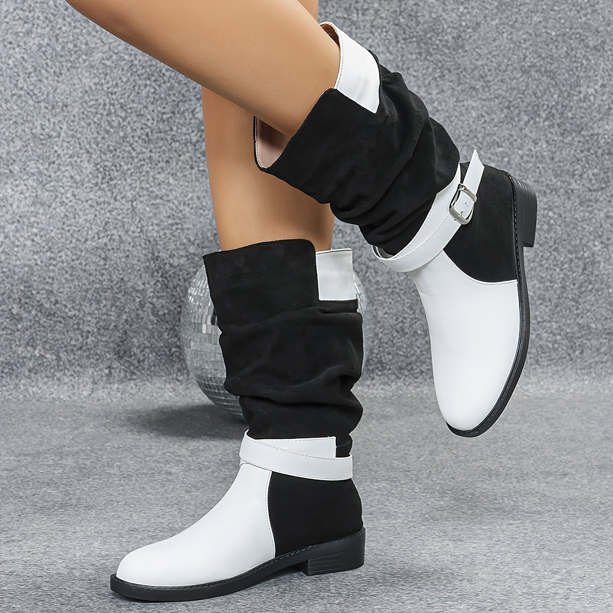 Elegant Black  White ColorBlock Pleated MidCalf Boots