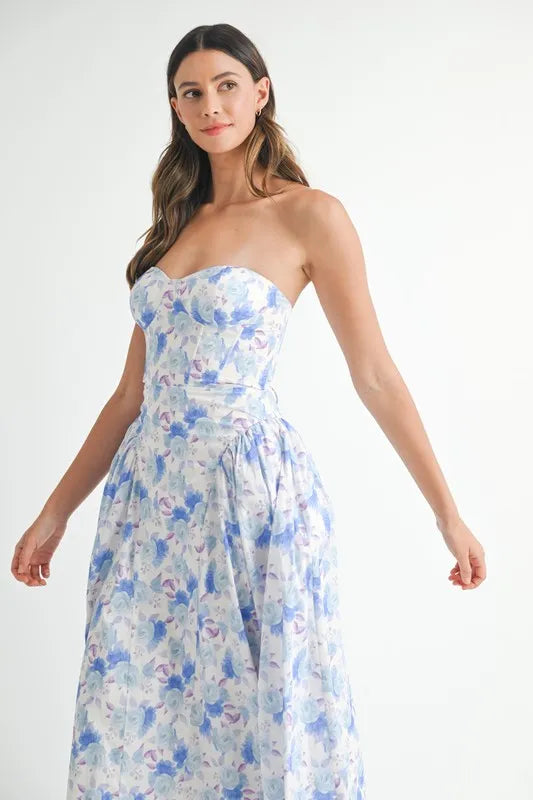 Sweetheart Neckline Floral Midi Dress in White and Blue