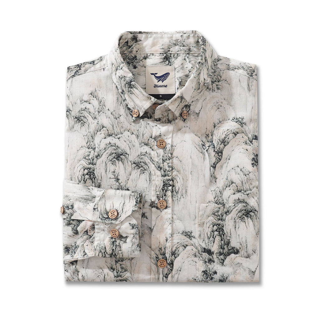 Mountain Landscape Print Long Sleeve Cotton Hawaiian Shirt