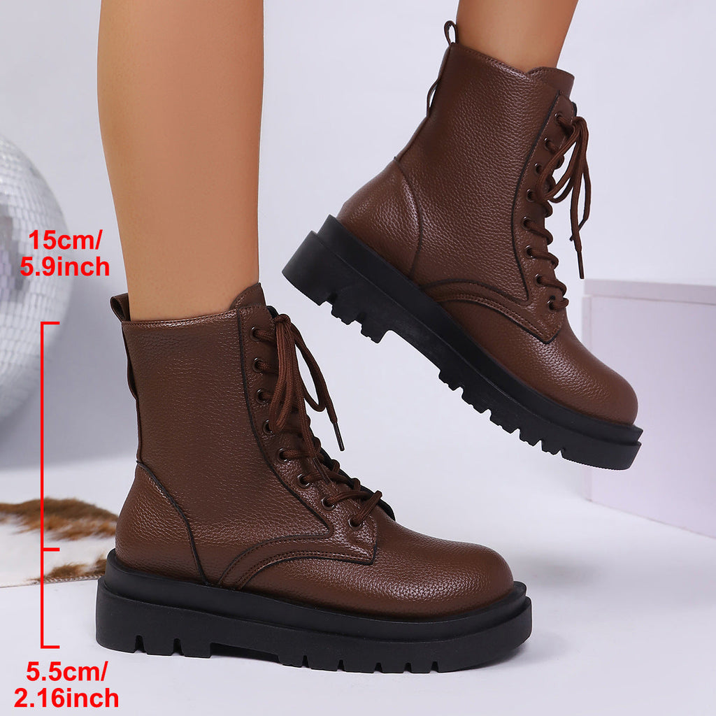 Women’s Round Toe Lace-Up Chunky Sole Ankle Boots - Image 3