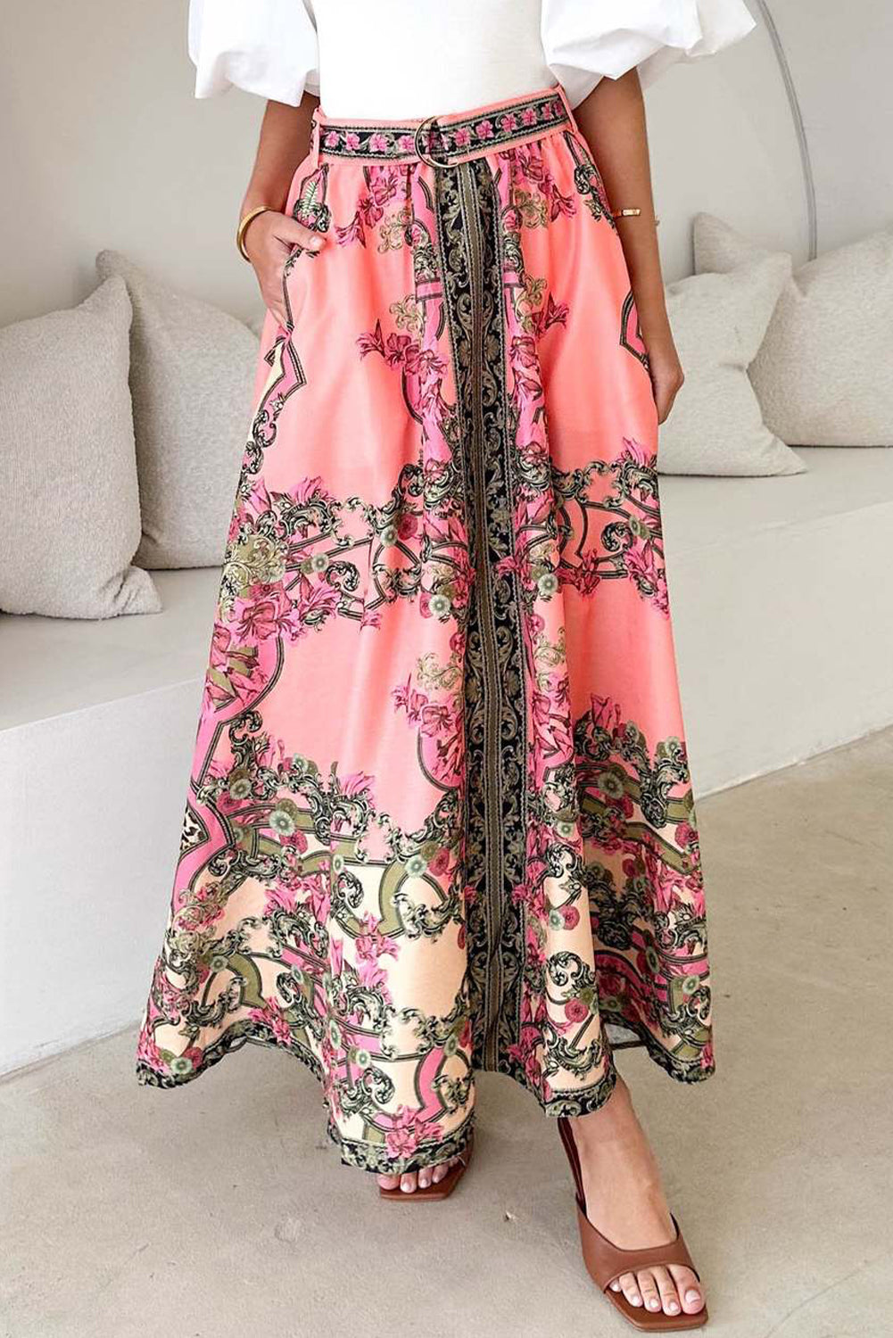 Pink Boho Abstract Print Beltd High Waist Skirt
