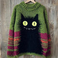 Retro Oversized Green Knit Sweater with Black Cat Graphic - Image 2