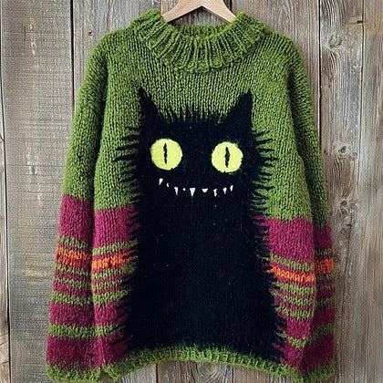 Retro Oversized Green Knit Sweater with Black Cat Graphic - Image 2