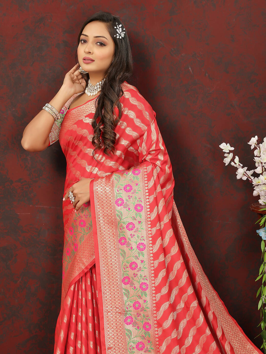 Red Leheriya Soft Silk Saree with Zari Weaving Design
