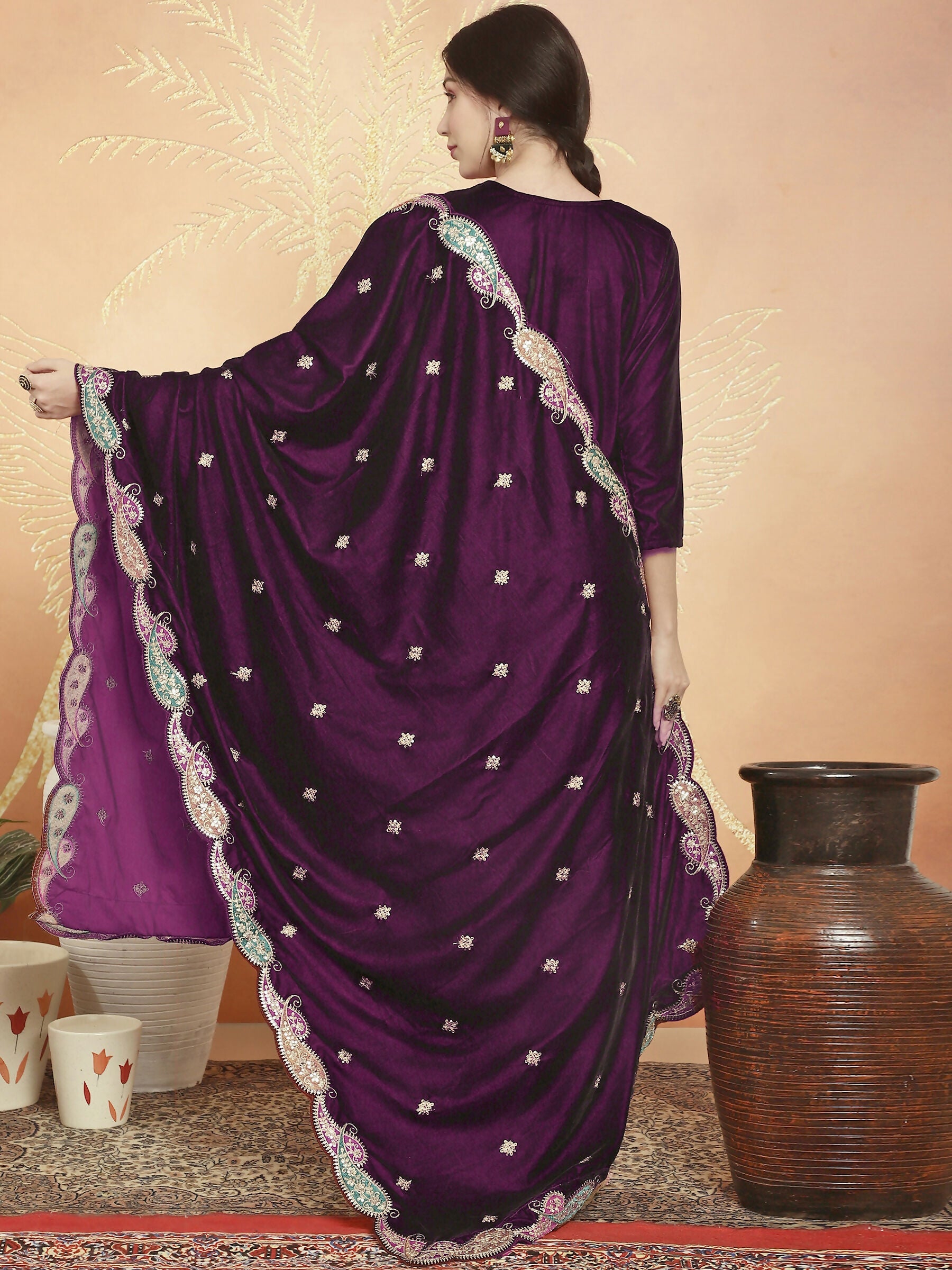 Wine Velvet Straight Kurta Set with Resham Thread & Sequin Work