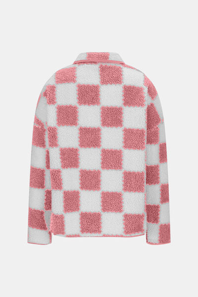 Women’s Checkered Snap Down Teddy Jacket in White and Brown