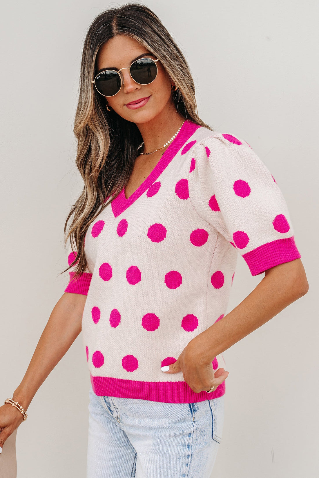 Alexia Puff Short Sleeve Sweater - Polka Dot V-Neck Knit Top