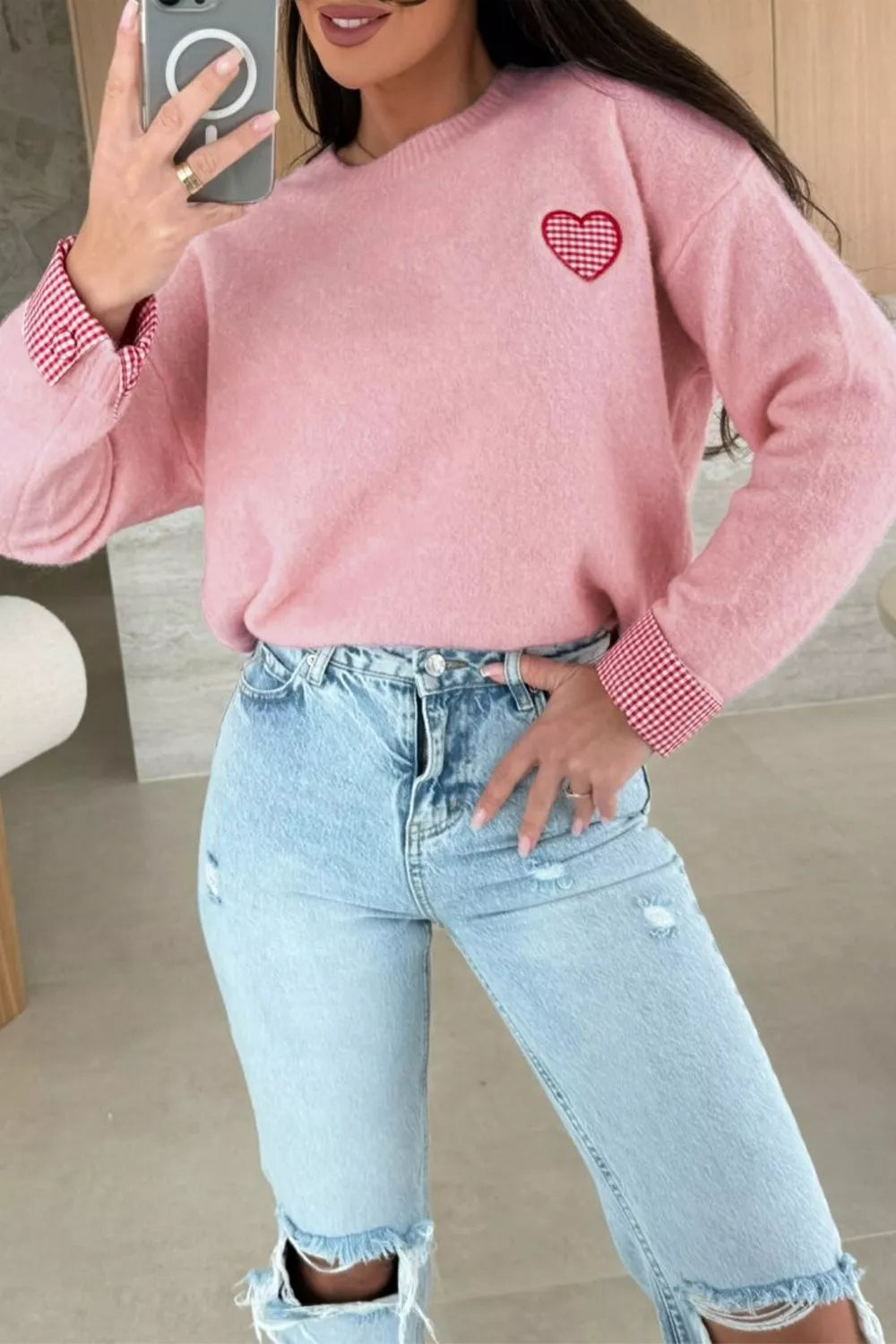 Plaid Heart Embroidered Cuffed Drop Shoulder Crew Neck Sweater