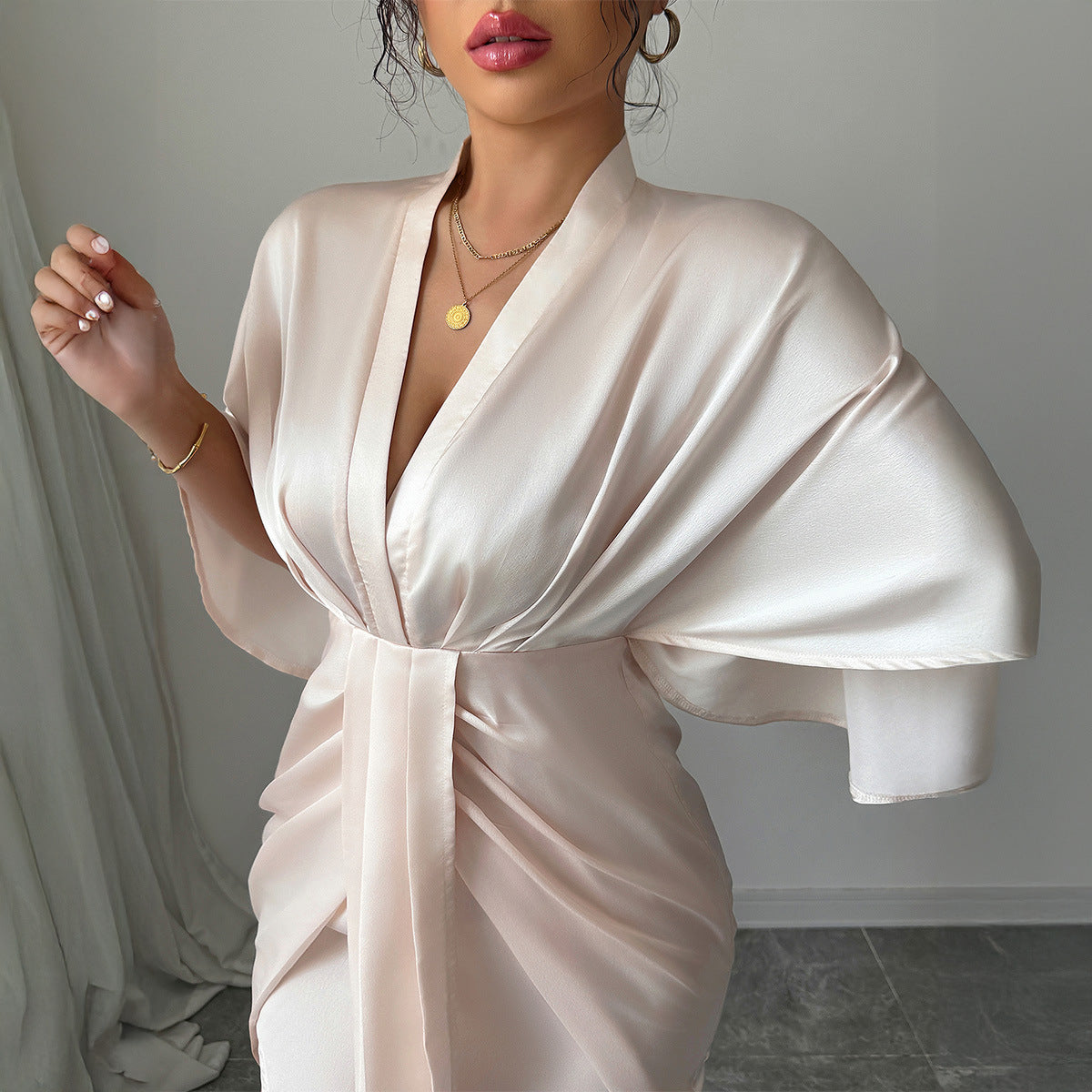 Deep V-Neck Wide Sleeve Hip Skirt Dress with Lace-Up Detail