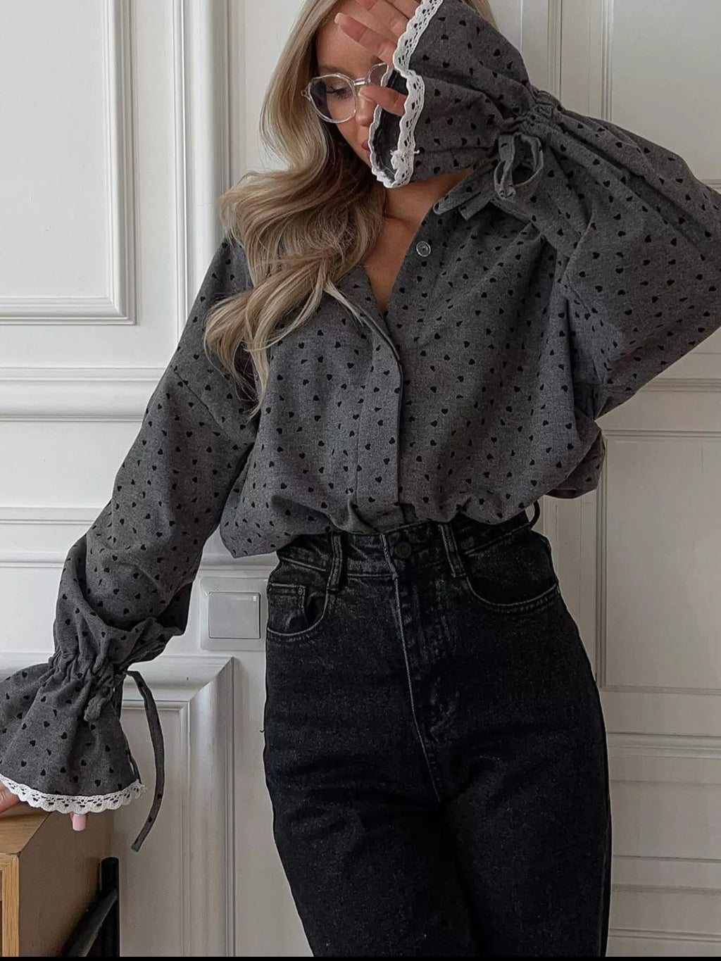 Heart Print Button Up Flounce Sleeve Shirt