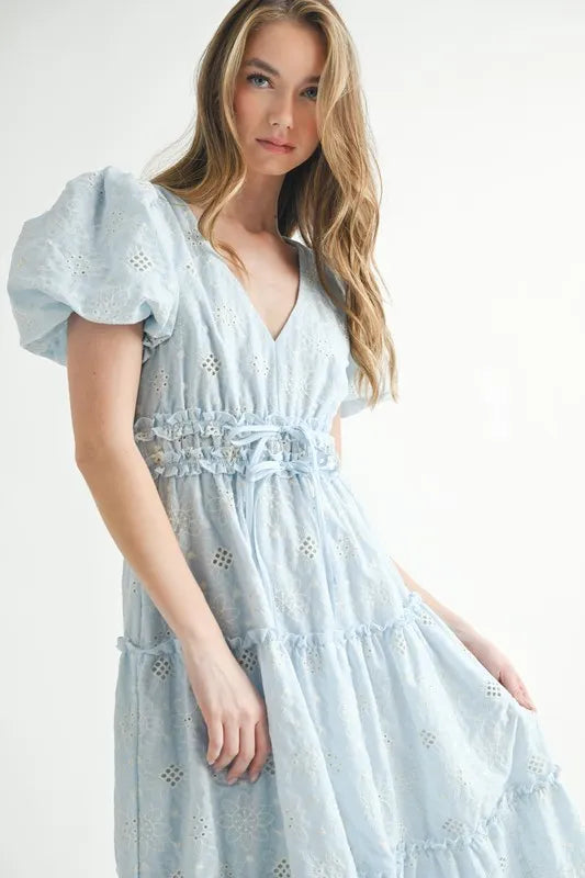 Eyelet Lace Puff Sleeve V-Neck Midi Dress