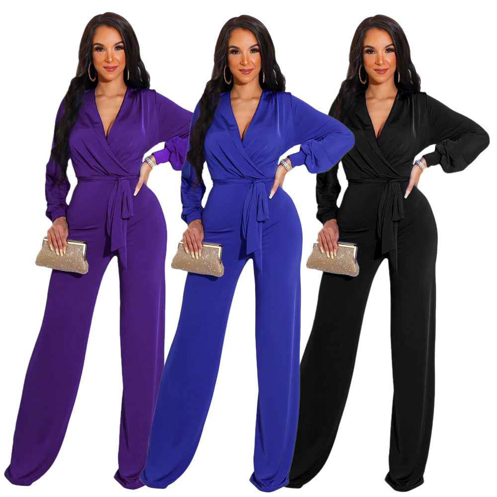 Women's Solid Color Casual Long Sleeve Jumpsuit with Belt