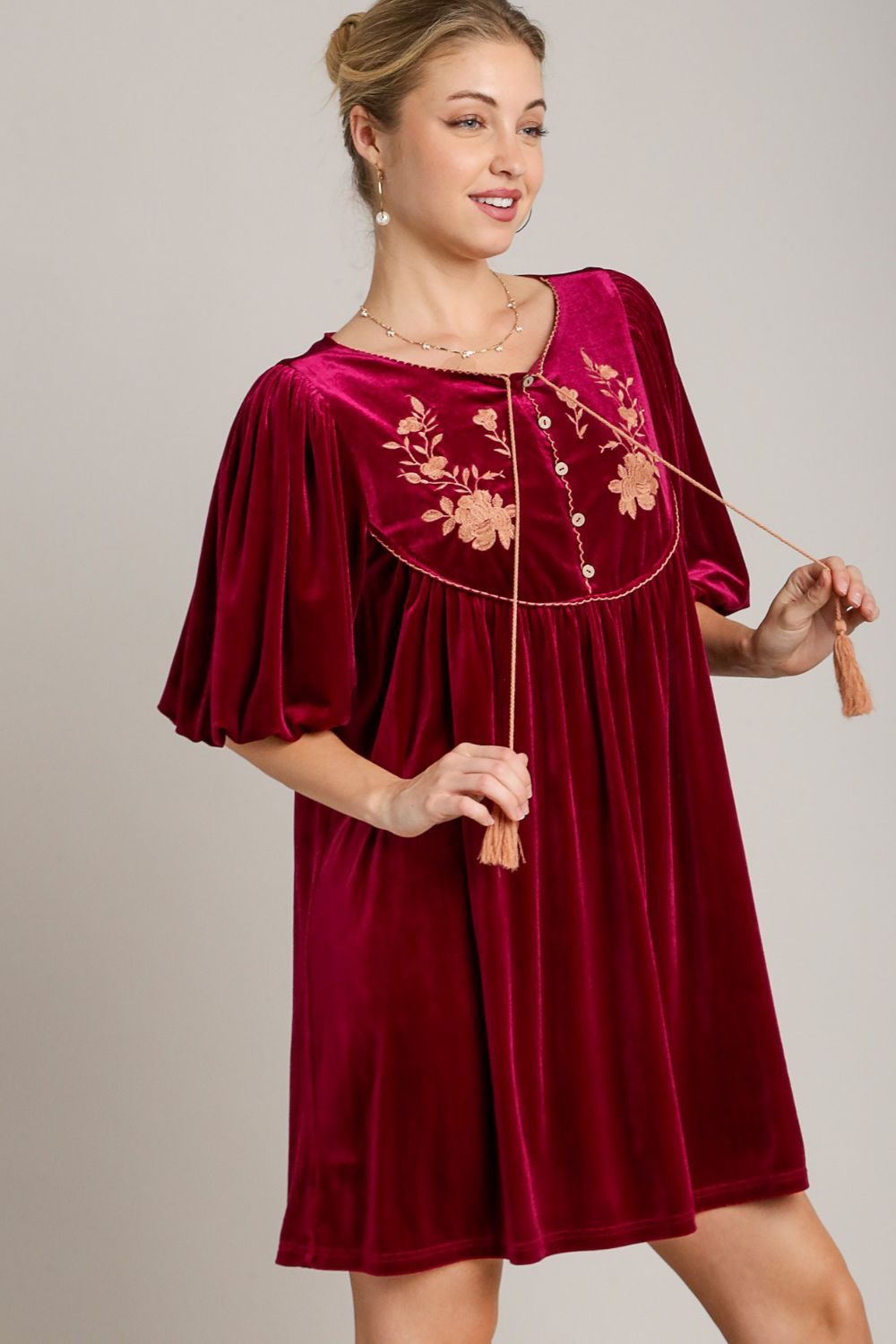 Embroidered Velvet Mini Dress with Tassel Detail