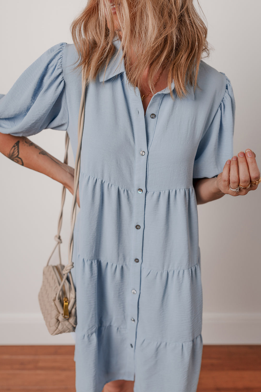 Beau Blue Shirt Collar Button Up Puff Sleeve Tiered Shift Dress