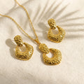 Gold Tone Hammered Textured Open U Shape Square Jewelry Set 2Pcs Women Pendant Necklace Drop Earrings Vintage Boho Concave Convex Statement Metal Jewelry Dropshipping Gift