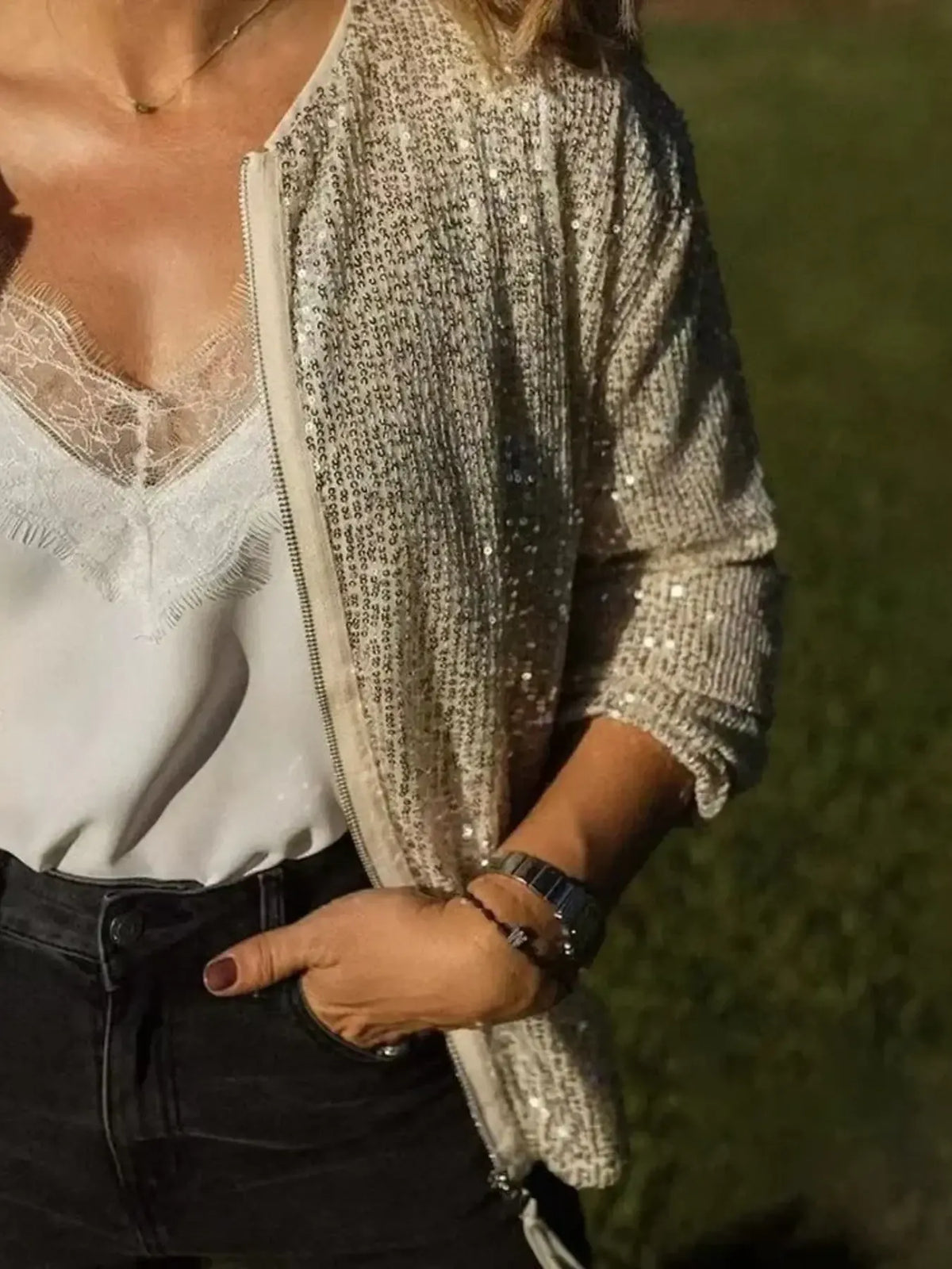 Sequin Zip Up Long Sleeve Jacket
