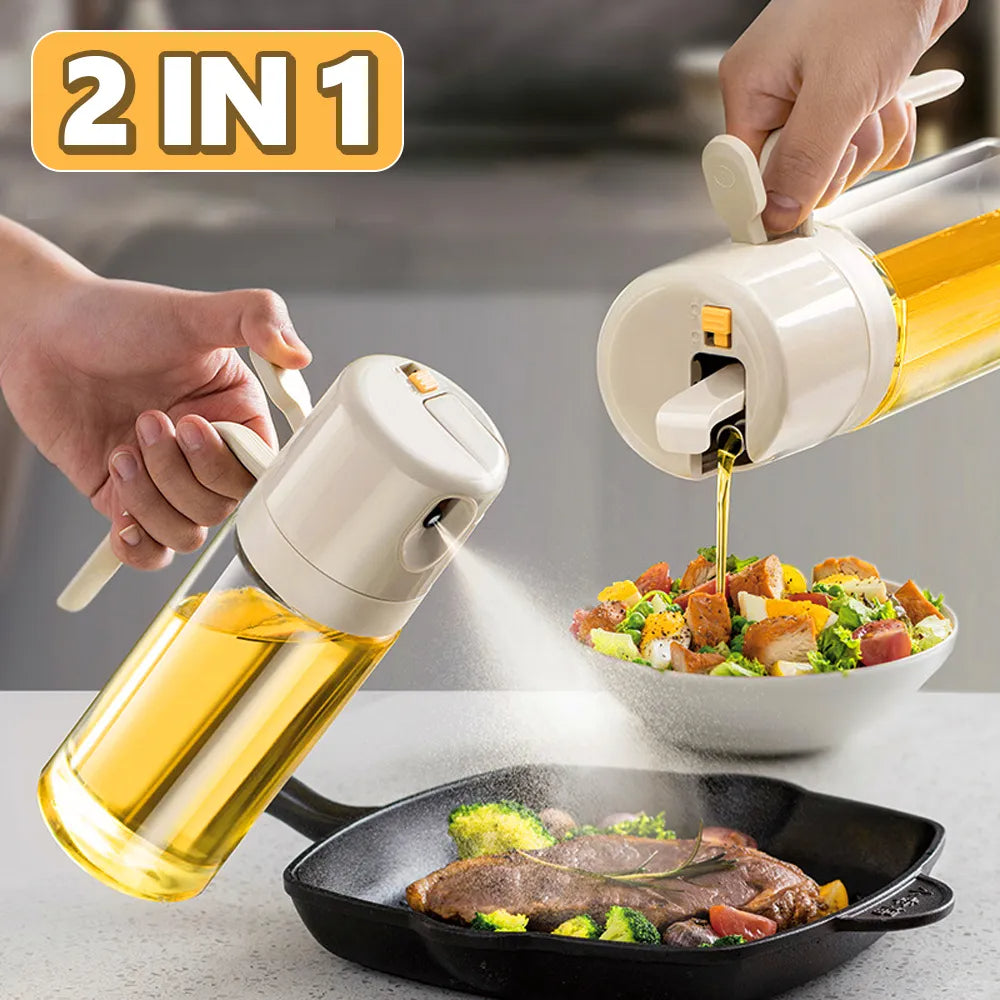 2-in-1 oil sprayer and dispenser bottle for kitchen use