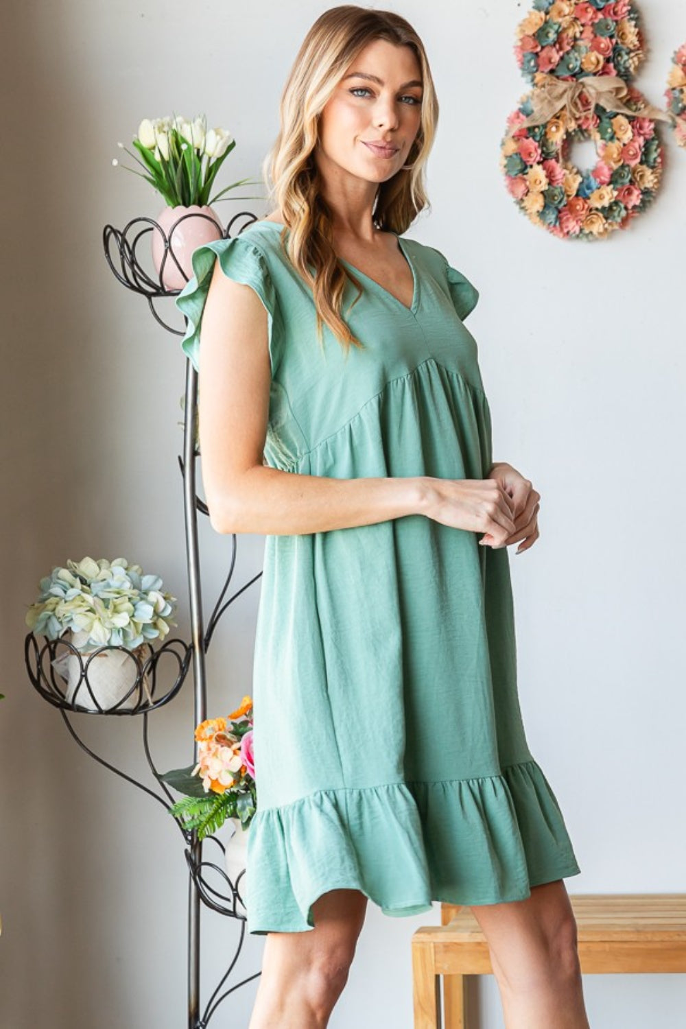 Short Sleeve V-Neck Dress with Flattering Ruffled Hem