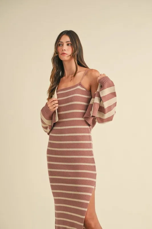 Stripe Knit Crop Cardigan and Bodycon Sweater Dress Set