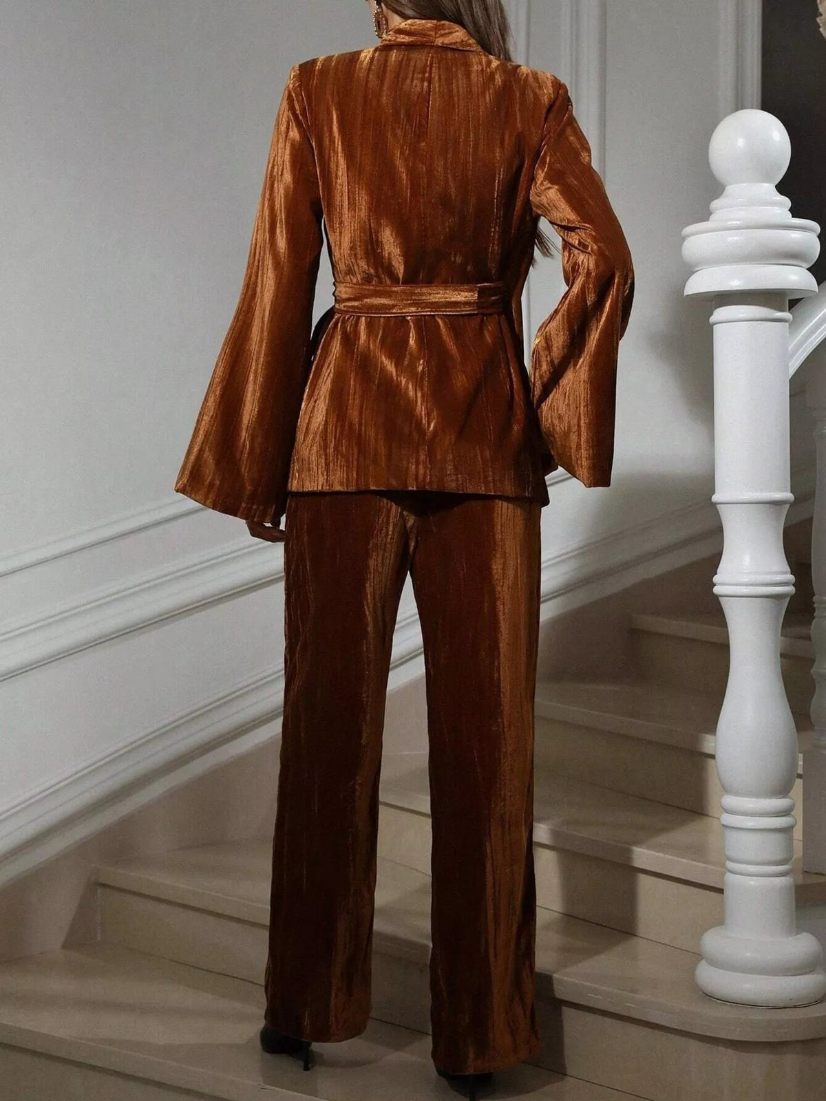 Velvet Tie Waist Blazer and Pants Set