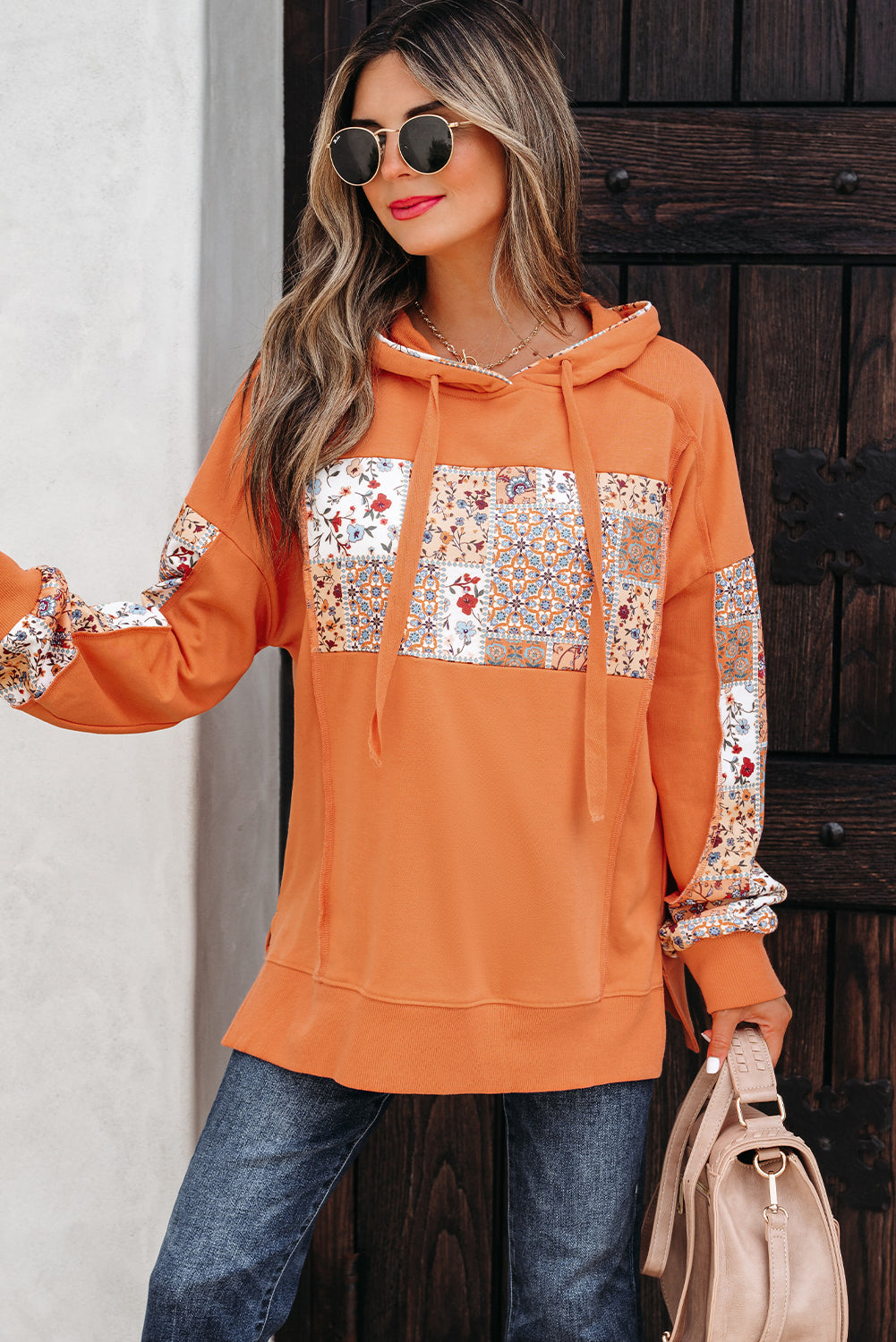 Women's Floral Patchwork Side Slit Drawstring Hoodie, Boho Knit Top