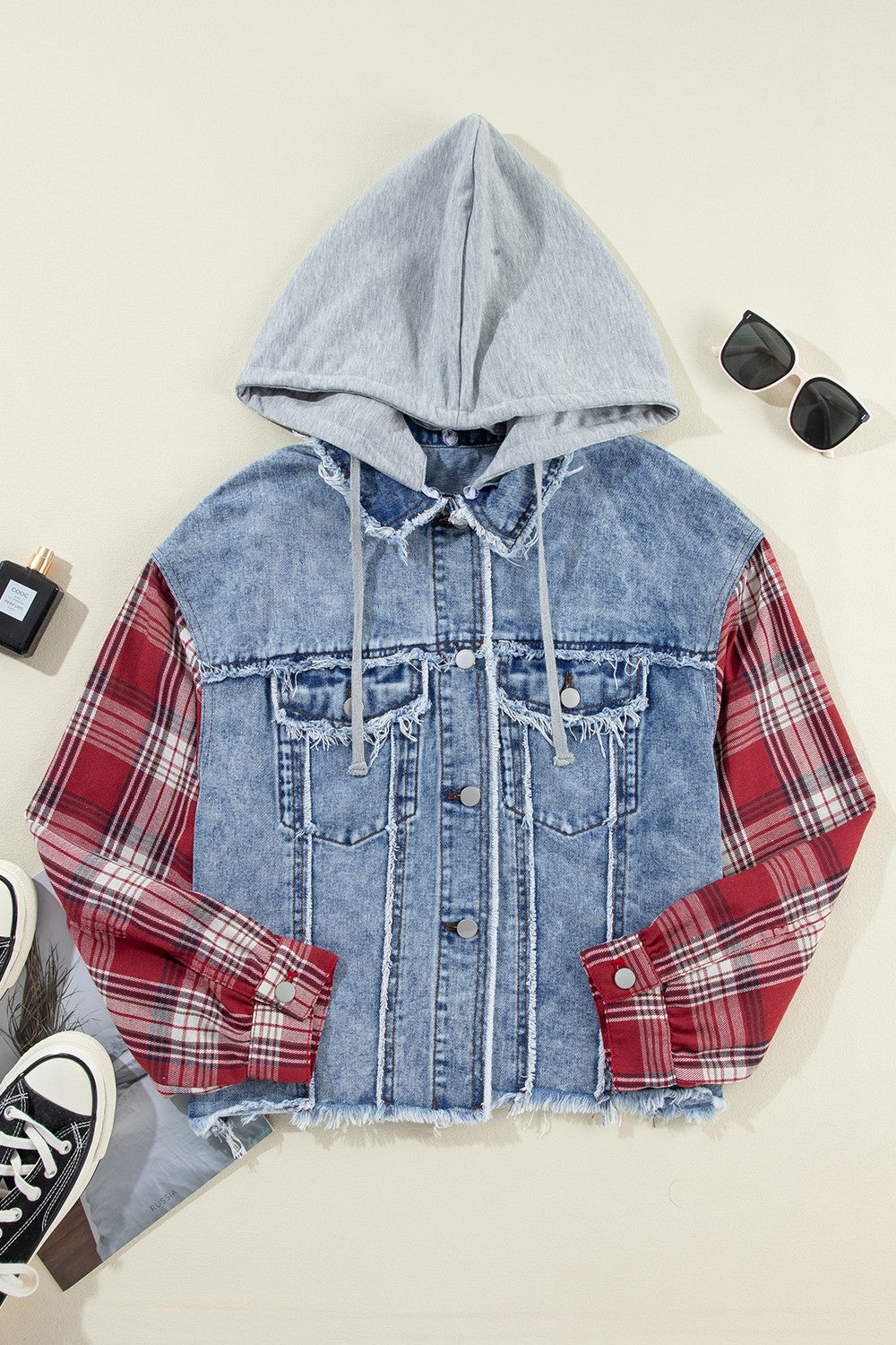 Women's Plaid Denim Hoodie Jacket with Raw Hem Details - Image 5
