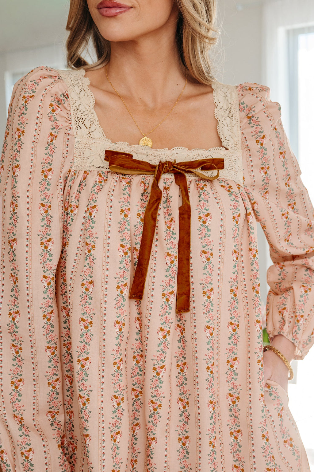 Khaki Floral Lace Velvet Bow Mini Dress | Long Sleeve Loose Fit