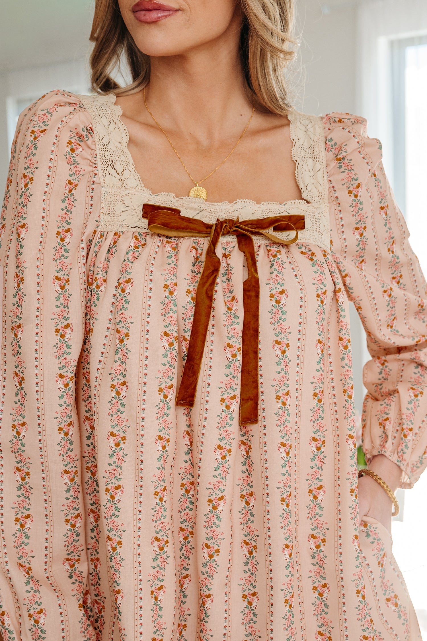 Khaki Floral Lace Velvet Bow Mini Dress | Long Sleeve Loose Fit