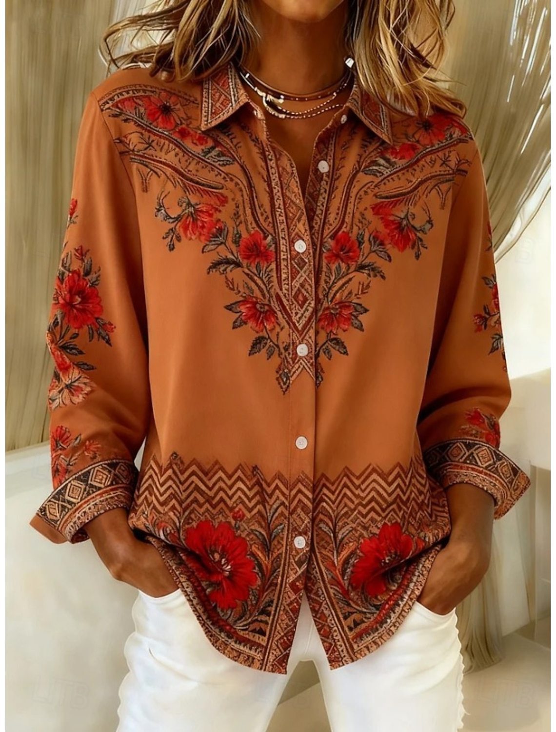 Women's Floral Print Long Sleeve Lapel Button-Down Blouse - Image 2