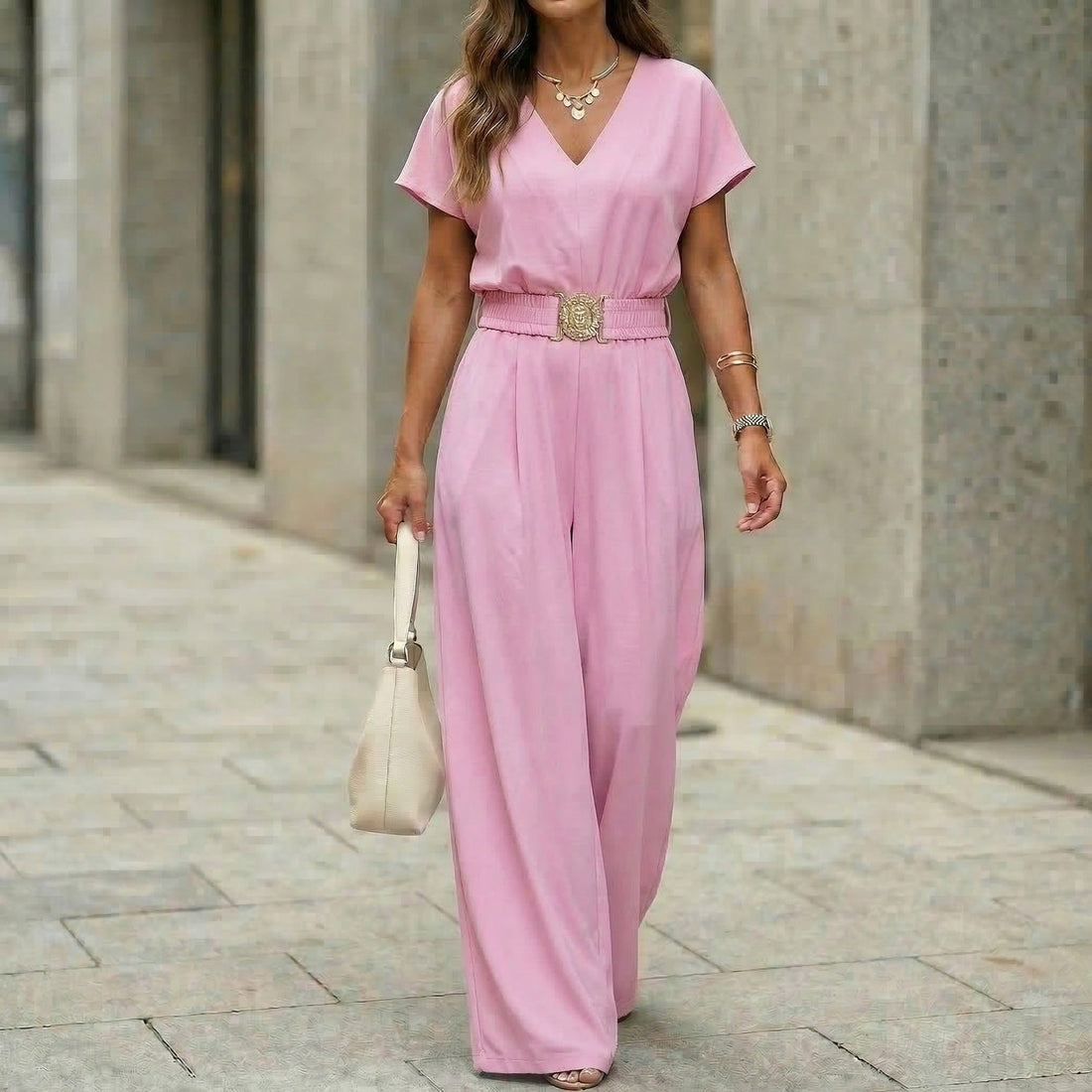 Women's V-Neck Belted Wide-Leg Jumpsuit in Navy Pink Black - Image 5
