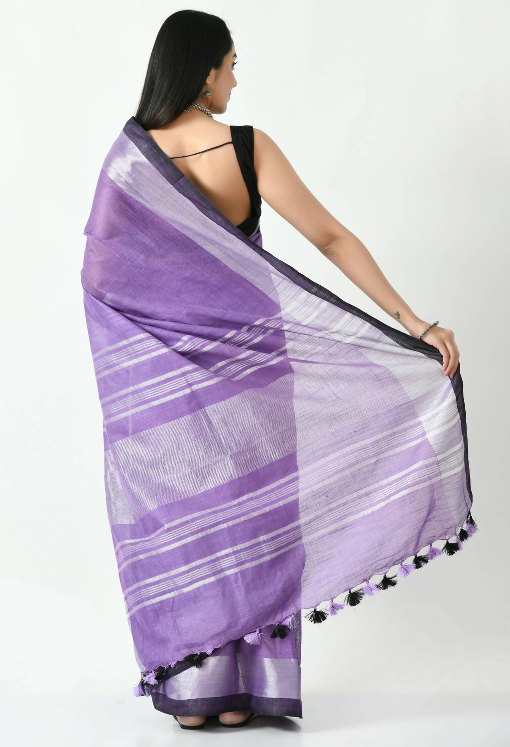 Purple and Black Bhagalpuri Handloom Silk Linen Saree with Blouse