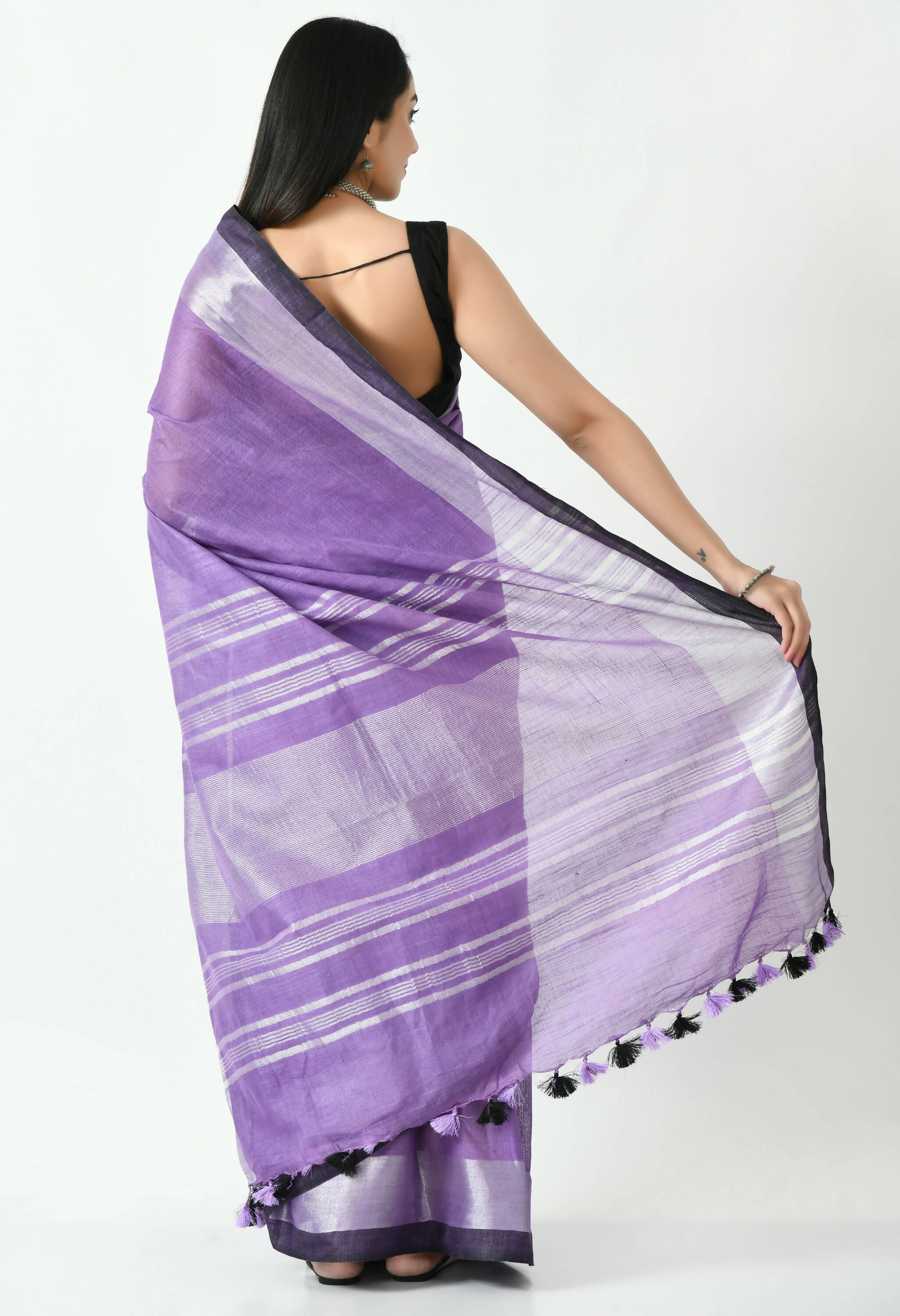 Purple and Black Bhagalpuri Handloom Silk Linen Saree with Blouse